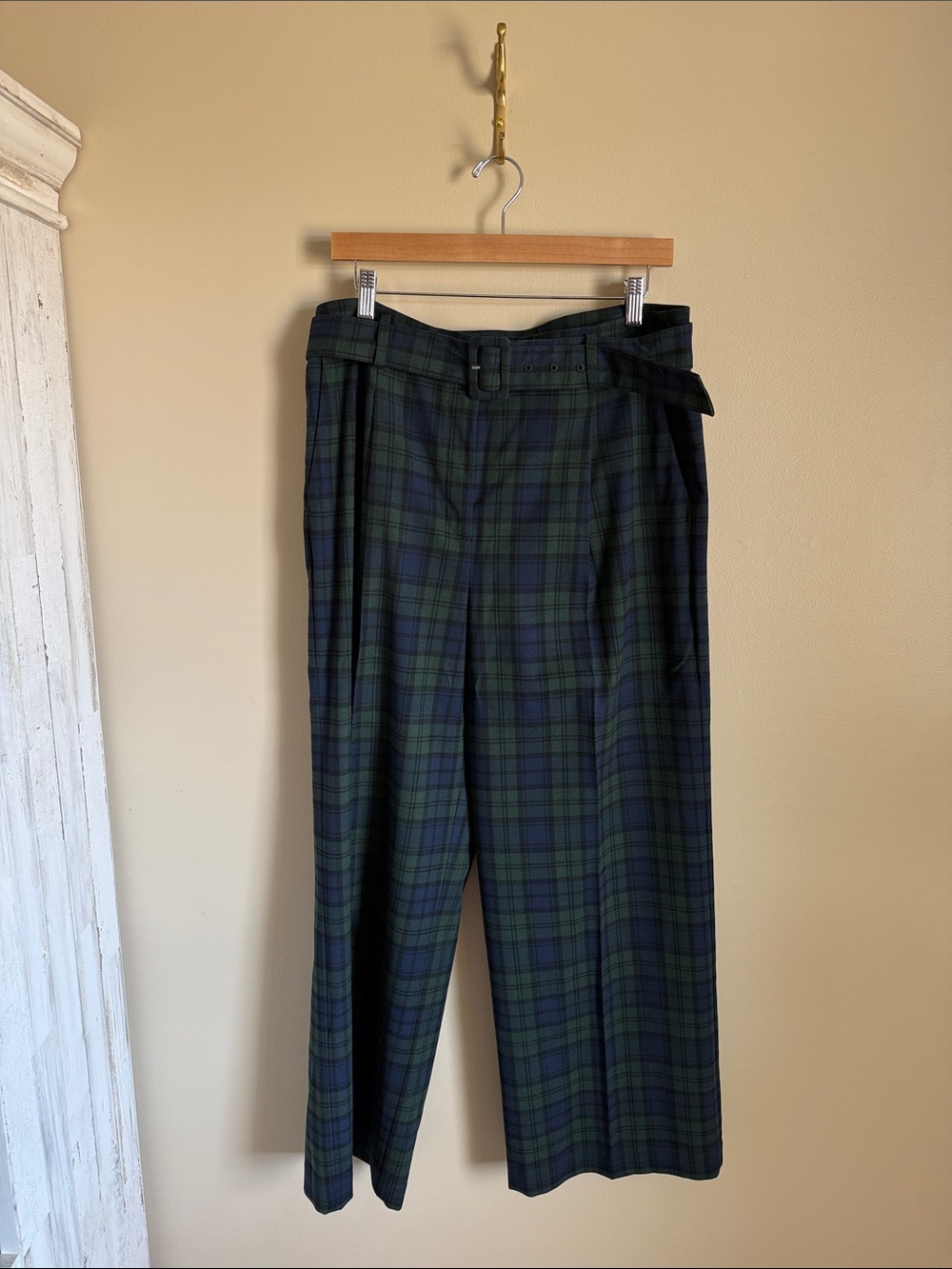 LOFT Women's Green & Navy Plaid Wide Leg Pants